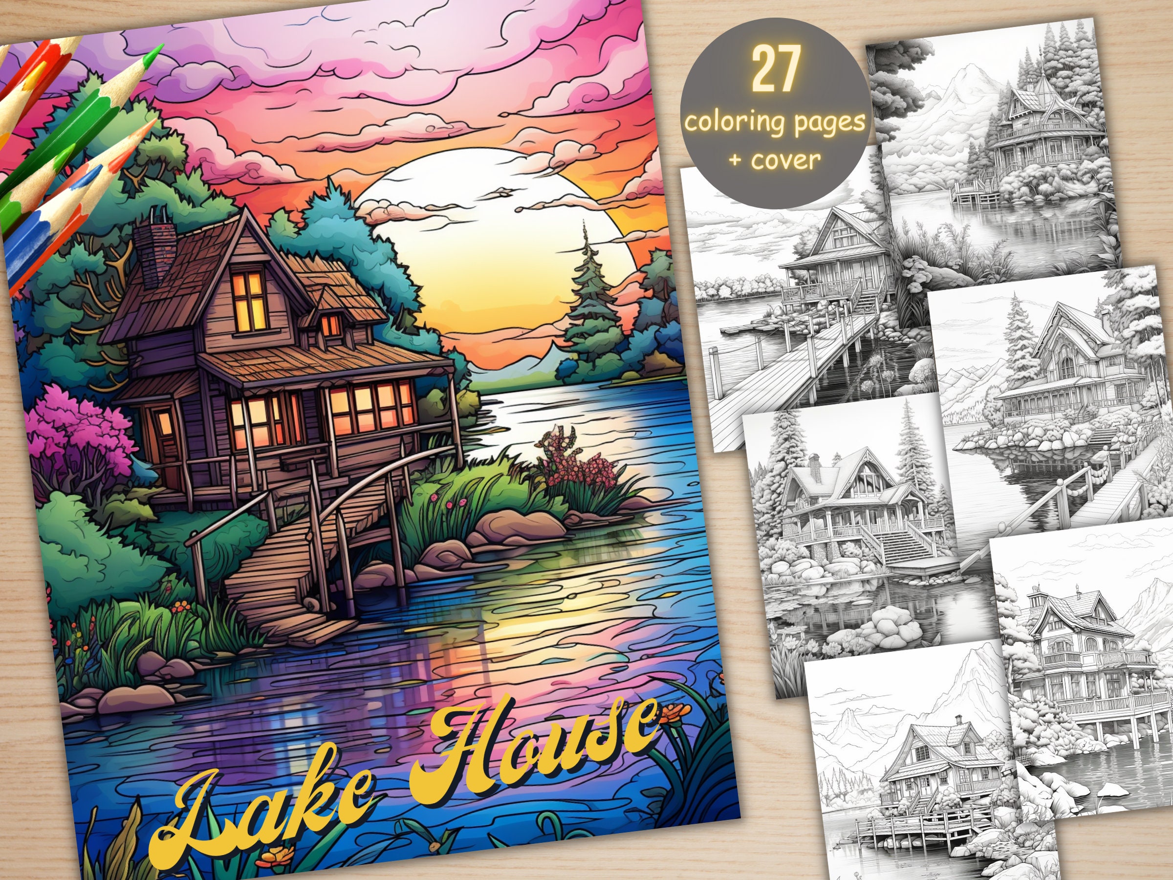 27 Color Pages 27 Lake Houses Coloring Book, Printable Fantasy Dream House Coloring ...