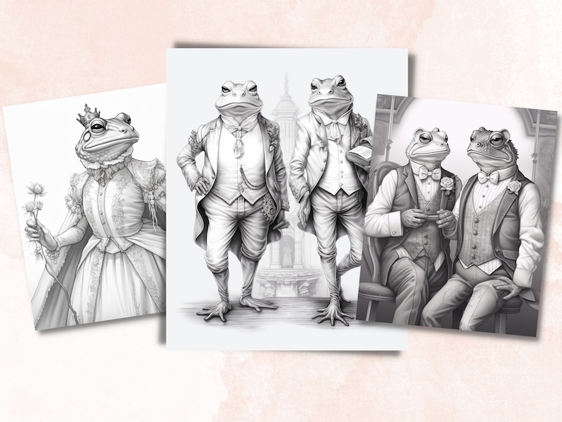 May include: A set of four black and white illustrations of frogs dressed in formal attire. The frogs are wearing suits, bow ties, and vests. One frog is wearing a crown and holding a flower. The illustrations are in a whimsical style.