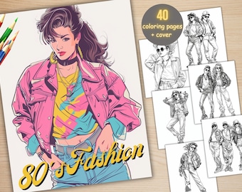 Peut inclure: Une couverture de livre de coloriage représentant une femme vêtue à la mode des années 80. Elle porte une veste rose, un chemisier jaune et bleu et un jean bleu. Le titre du livre est "80's Fashion".