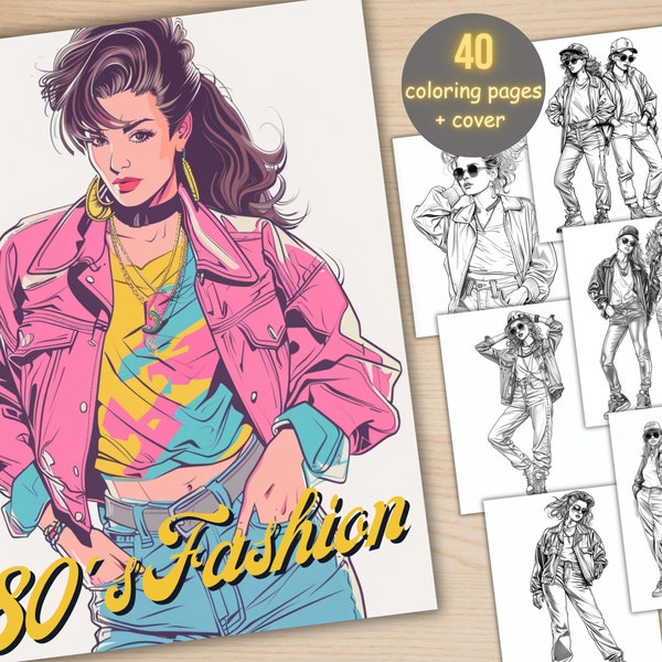 80's Fashion Style Coloring Book, Printable PDF, Vintage Fashion Women Coloring Pages, Grayscale Retro Coloring Book for Adults and Kids