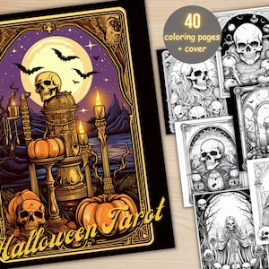40 Halloween Tarot Card Coloring Book, Printable Creepy Horror Coloring Pages, Fantasy Grayscale Pumpkin Witchcraft Coloring Book for Adults