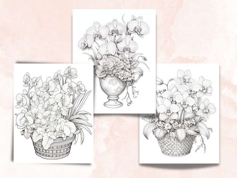 45 Orchid Flowers Coloring Book, Printable PDF, Botanical Floral Plant Coloring Pages, Fantasy Grayscale Spring Coloring Book for Adult Kids