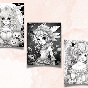 May include: Three black and white illustrations of girls with wings and fairy-like features. Each girl is surrounded by pumpkins and other Halloween-themed imagery.
