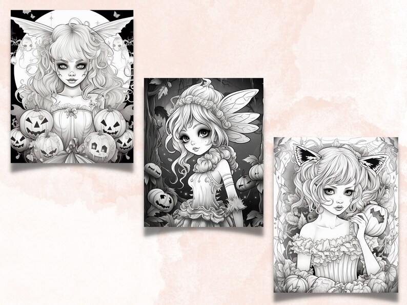 May include: Three black and white illustrations of girls with wings and fairy-like features. Each girl is surrounded by pumpkins and other Halloween-themed imagery.