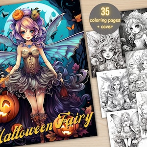 May include: A coloring book cover featuring a Halloween fairy with blue wings, a purple dress, and a pumpkin. The title of the book is "Halloween Fairy". There are 35 coloring pages in the book, plus a cover.