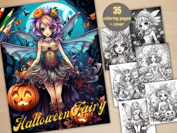 35 Halloween Fairy Coloring Book, Printable Gothic Pumpkin Fairy Girls Coloring Pages, Grayscale Halloween Coloring Book for Adults and Kids