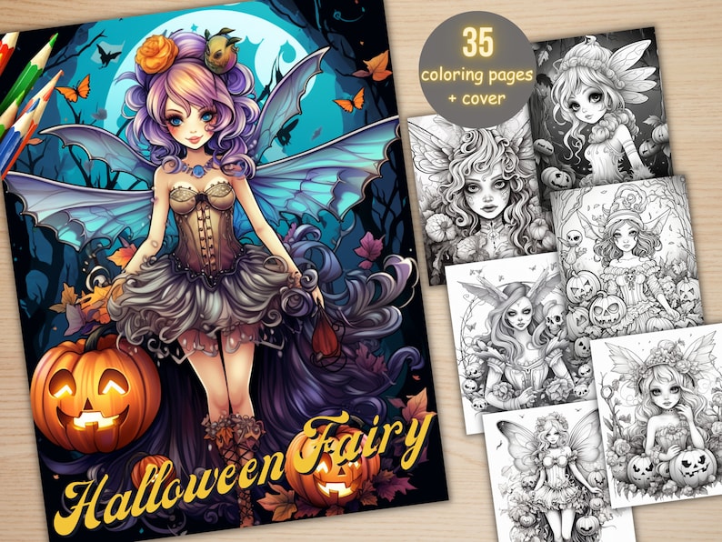 May include: A coloring book cover featuring a Halloween fairy with blue wings, a purple dress, and a pumpkin. The title of the book is "Halloween Fairy". There are 35 coloring pages in the book, plus a cover.