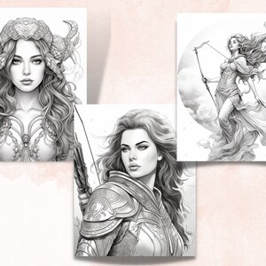 Pu&ograve; includere: Tre illustrazioni in bianco e nero di donne con lunghi capelli fluenti. La prima donna indossa una corona con corna e un corpetto dettagliato. La seconda donna indossa un'armatura e tiene un arco e una freccia. La terza donna indossa un abito fluido e tiene un arco e una freccia.