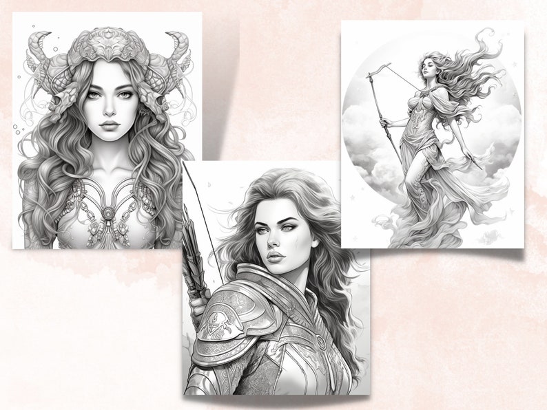 Pu&ograve; includere: Tre illustrazioni in bianco e nero di donne con lunghi capelli fluenti. La prima donna indossa una corona con corna e un corpetto dettagliato. La seconda donna indossa un'armatura e tiene un arco e una freccia. La terza donna indossa un abito fluido e tiene un arco e una freccia.