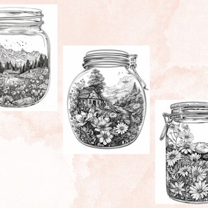 40 Spring Jars Coloring Book, Printable Floral Scenes Coloring Pages ...