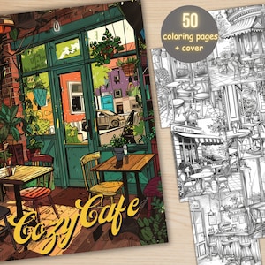 50 Cozy Cafe Scenes Coloring Book, Printable French Cafe Interior Coloring Pages, Boho Grayscale Cafe Shop Coloring Book for Adults and Kids