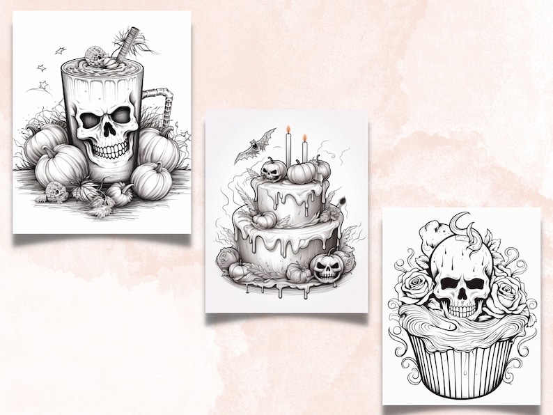 50 Halloween Treats Coloring Book, Printable Pumpkin Dessert and Drink Coloring Pages, Grayscale Halloween Sweets Coloring Book for Adults