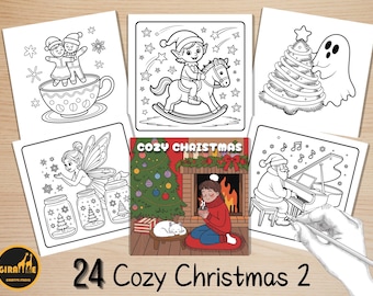 May include: A collection of Christmas-themed coloring pages. The images include a gingerbread couple in a teacup, an elf on a rocking horse, a Christmas tree with a ghost, a fairy, and Santa playing piano. The text reads "24 Cozy Christmas 2".
