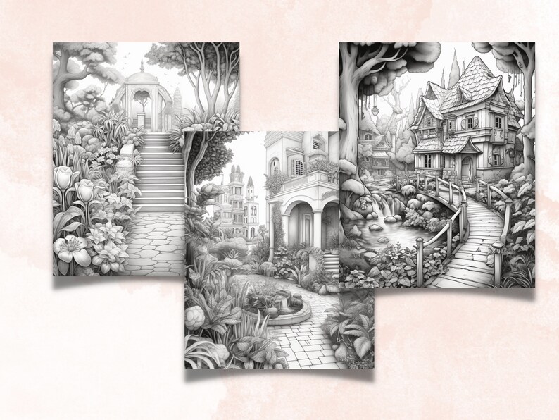 May include: Three black and white illustrations of whimsical garden scenes. The first scene features a stone path leading to a gazebo with a domed roof. The second scene shows a stone path leading to a house with a balcony. The third scene shows a stone path leading to a house with a bridge over a stream.