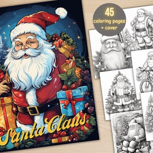 45 Christmas Santa Claus Coloring Book, Printable Xmas Noel Holiday Coloring Pages, Grayscale Christmas Coloring Book for Adults and Kids