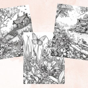 50 Spring Garden Coloring Book, Printable Floral Fairy Garden Coloring Pages, Grayscale Spring Flowers Forest Coloring Book for Adults Kids