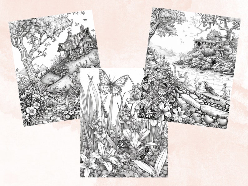 50 Spring Garden Coloring Book, Printable Floral Fairy Garden Coloring Pages, Grayscale Spring Flowers Forest Coloring Book for Adults Kids