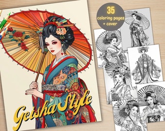 35 Geisha Style Coloring Book, Printable PDF, Asian Fashion Women Coloring Pages, Grayscale Korean Girl Coloring Book for Adults and Kids