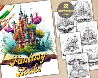 22 Open Magic Books Coloring Book, Printable PDF, Fairytale Open Book Coloring Pages, Fantasy Grayscale Coloring Book for Adults and Kids
