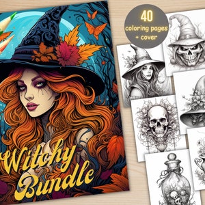 40 Fantasy Witchy Items Bundle Coloring Book, Printable PDF , Magical Witches Coloring Pages, Grayscale Coloring Book for Adults and Kids