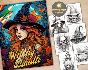 40 Fantasy Witchy Items Bundle Coloring Book, Printable PDF , Magical Witches Coloring Pages, Grayscale Coloring Book for Adults and Kids
