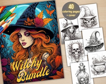 40 Fantasy Witchy Items Bundle Coloring Book, Printable PDF , Magical Witches Coloring Pages, Grayscale Coloring Book for Adults and Kids