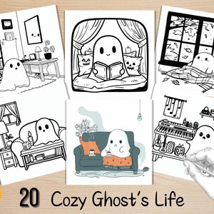 Bold and Easy Coloring Book, Cozy Ghost Life Coloring Pages, Cute Creepy Halloween Ghost Coloring, Relaxing Activity for Adults and Kids