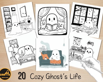 Bold and Easy Coloring Book, Cozy Ghost Life Coloring Pages, Cute Creepy Halloween Ghost Coloring, Relaxing Activity for Adults and Kids