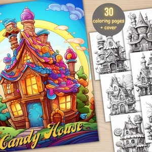 30 Candy Houses Coloring Book, Printable Fantasy Candyland Houses Coloring Pages, Grayscale Coloring Book for Adults, Dark Light Version PDF