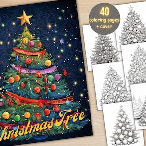 40 Christmas Tree Coloring Book, Printable Xmas Noel Holiday Coloring Pages, Grayscale Christmas Ornaments Coloring Book for Adults and Kids