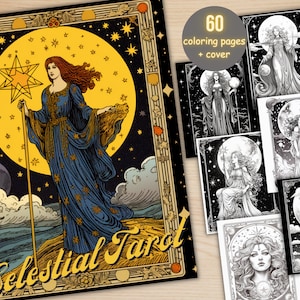60 Celestial Tarot Card Coloring Book, Printable Fortune Teller Coloring Pages, Fantasy Grayscale Galaxy Witchcraft Coloring Book for Adults
