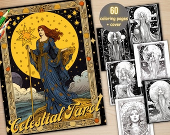 60 Celestial Tarot Card Coloring Book, Printable Fortune Teller Coloring Pages, Fantasy Grayscale Galaxy Witchcraft Coloring Book for Adults
