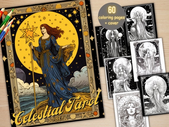 60 Celestial Tarot Card Coloring Book, Printable Fortune Teller Coloring Pages, Fantasy Grayscale Galaxy Witchcraft Coloring Book for Adults