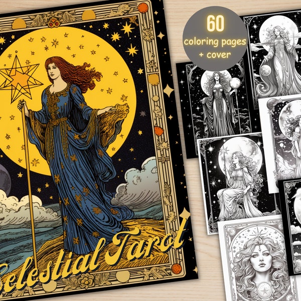 60 Celestial Tarot Card Coloring Book, Printable Fortune Teller Coloring Pages, Fantasy Grayscale Galaxy Witchcraft Coloring Book for Adults