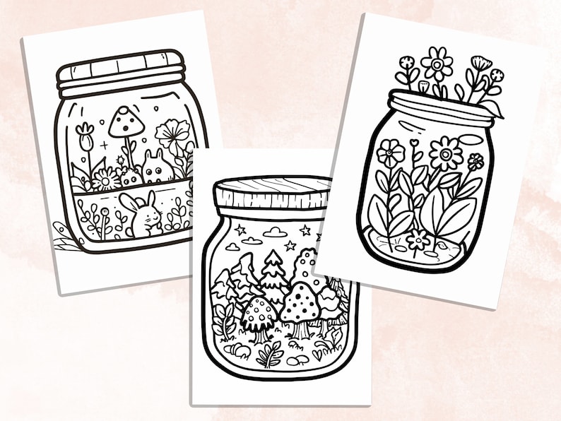 Bold and Easy Coloring Book, Cute Kawaii Forest Jar Coloring Pages, Enchanted Forest Scenes Coloring, Relaxing Activity for Adults and Kids