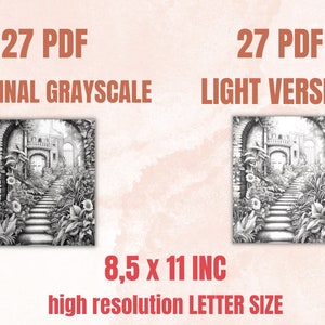 May include: Two grayscale images of a pencil drawing of a stone staircase leading up to a building with an arched doorway. The drawing is labelled "Original Grayscale" and "Light Version". The images are 8.5 inches by 11 inches and are labelled "high resolution LETTER SIZE".