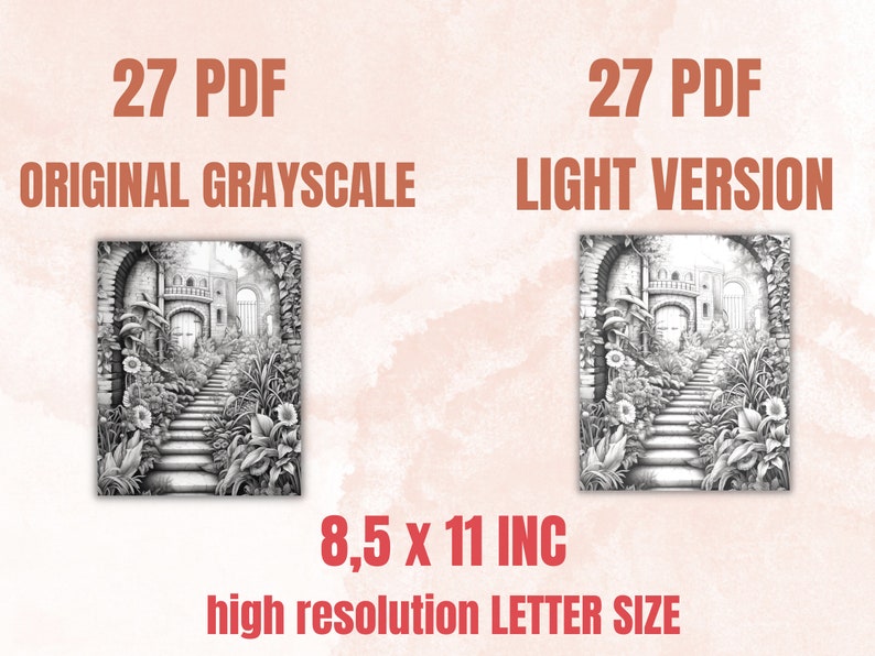 May include: Two grayscale images of a pencil drawing of a stone staircase leading up to a building with an arched doorway. The drawing is labelled "Original Grayscale" and "Light Version". The images are 8.5 inches by 11 inches and are labelled "high resolution LETTER SIZE".