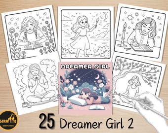 Dreamer Girl 2 Coloring Pages, Bold and Easy Coloring Book, Hippie Girl Coloring, Relaxing Cozy Activity for Adults and Kids, Stress Relief