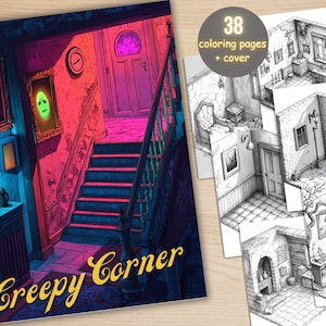 38 Creepy Corner Coloring Book, Printable Cute Horror Coloring Pages, Spooky Grayscale Coloring Book for Adults, Relax and Stress Relief
