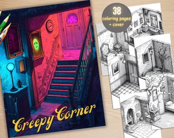 38 Creepy Corner Kolorowanka, Wydrukuj Słodkie Horror Kolorowanki, Upiorna Skala Szarości Kolorowanka dla Dorosłych, Relaks i Uśmierzanie Stresu