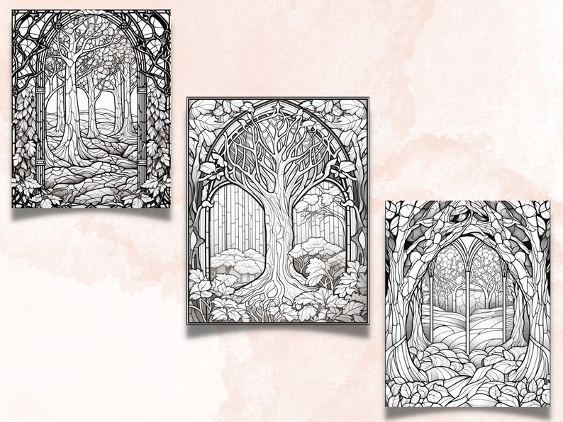 55 Stained Glass Forest Coloring Book, Printable Enchanted Forest Scenes Coloring Pages, Grayscale Magical Woodland Coloring Book for Adults