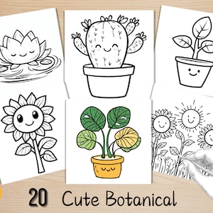 Bold and Easy Coloring Book, Cute Botanical Coloring Pages, Kawaii Garden Plants Coloring, Cozy Relaxing Activity for Adults and Kids