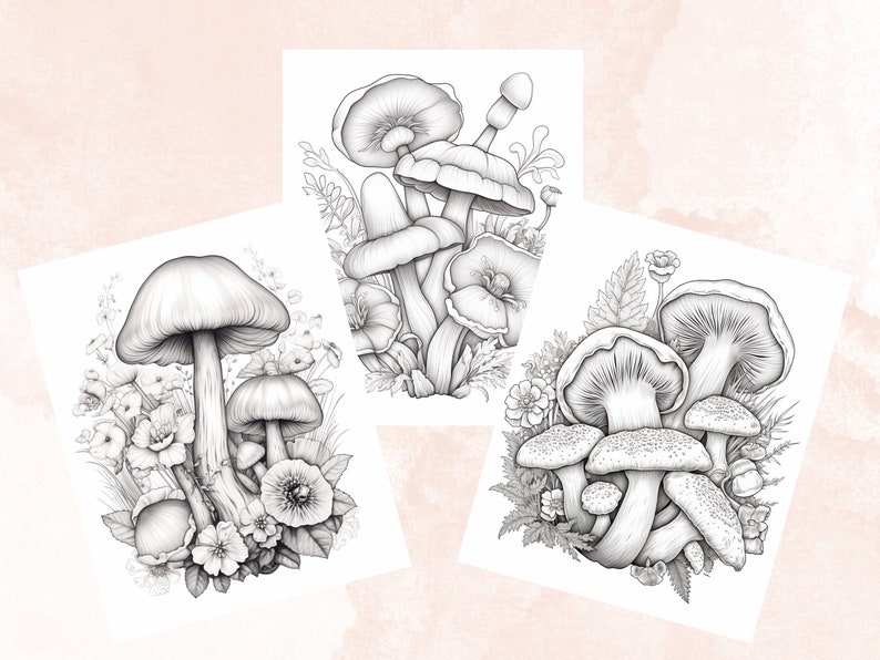 May include: Three black and white line drawings of mushrooms with floral details. The mushrooms are drawn in a realistic style with intricate details. The drawings are perfect for coloring or using as inspiration for art projects.