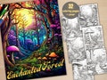 32 Enchanted Forest Coloring Book, Printable Magical Forest Coloring Pages, Grayscale Coloring Book for Adults, Relax and Stress Relief