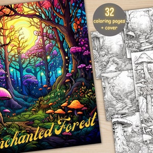 32 Enchanted Forest Coloring Book, Printable Magical Forest Coloring Pages, Grayscale Coloring Book for Adults, Relax and Stress Relief