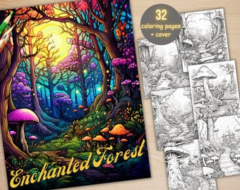 32 Enchanted Forest Coloring Book, Printable Magical Forest Coloring Pages, Grayscale Coloring Book for Adults, Relax and Stress Relief