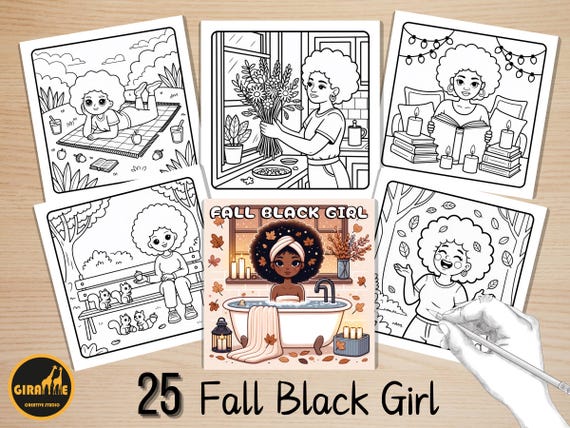 Fall Black Girl Coloring Pages, Cozy Autumn Black Afro Girls Coloring, Bold and Easy Coloring Book, Relaxing Activity for Adults and Kids