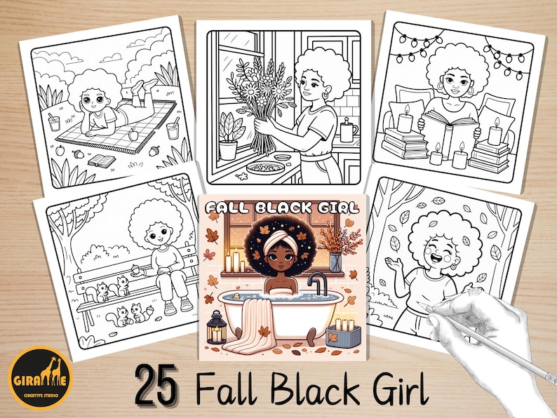 Fall Black Girl Coloring Pages, Cozy Autumn Black Afro Girls Coloring, Bold and Easy Coloring Book, Relaxing Activity for Adults and Kids
