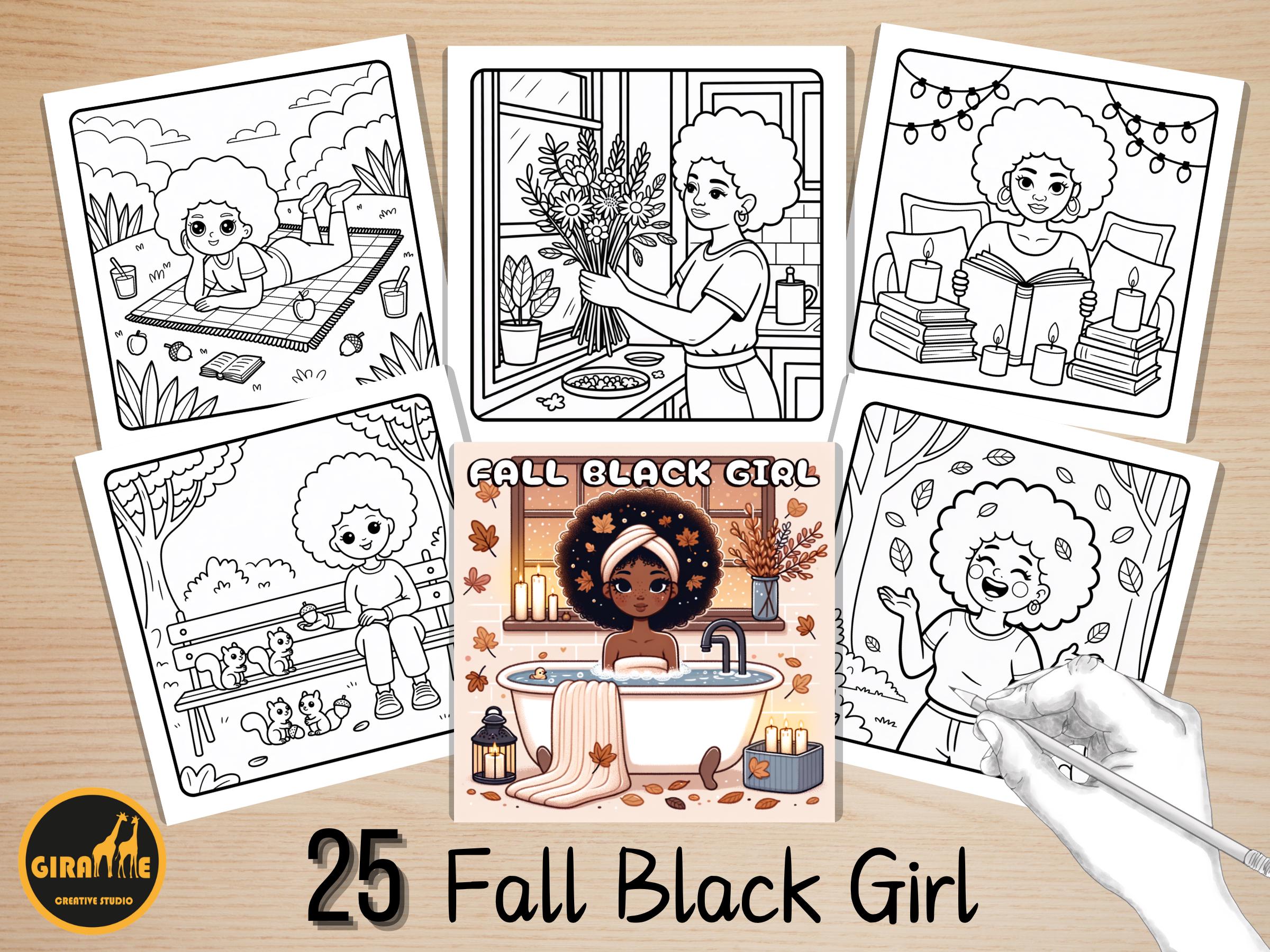 Fall Black Girl Coloring Pages, Cozy Autumn Black Afro Girls Coloring ...