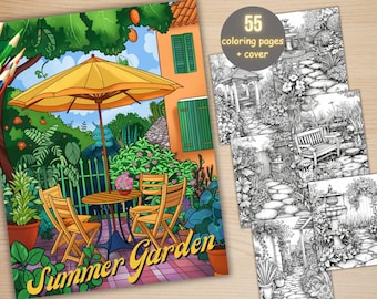 55 Summer Garden Coloring Book, Printable Summer Fairy Garden Coloring Pages, Grayscale Summer Flowers Forest Coloring Book for Adults Kids